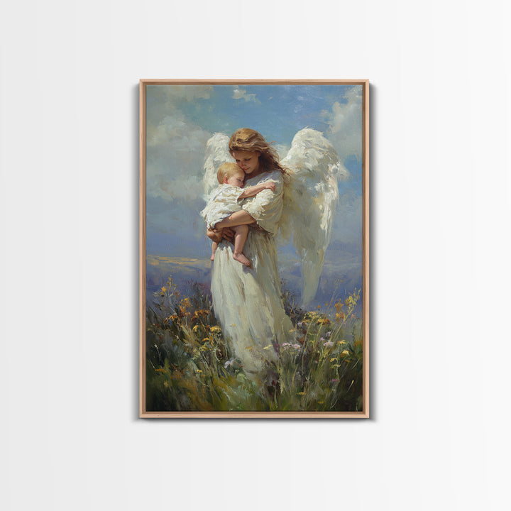Angel Holding Sleeping Baby In Meadow Canvas Print, Serene Christian Wall Art, Nursery Decor, Guardian Angel Gift For Mom