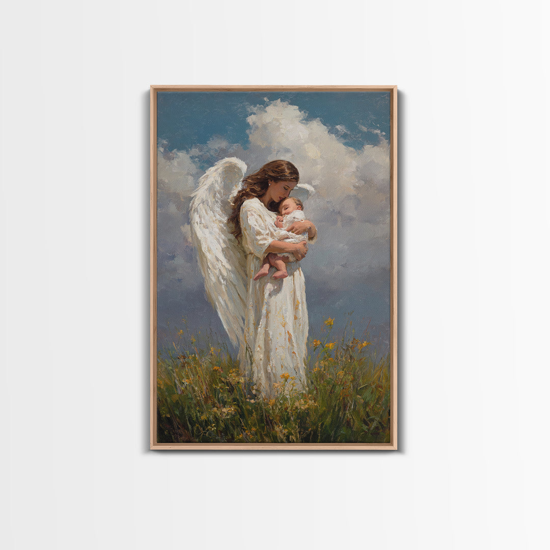 Guardian Angel Holding Newborn Under Clouds Wall Art, Christian Nursery Decor, Baptism Gift, Spiritual Framed Canvas Print