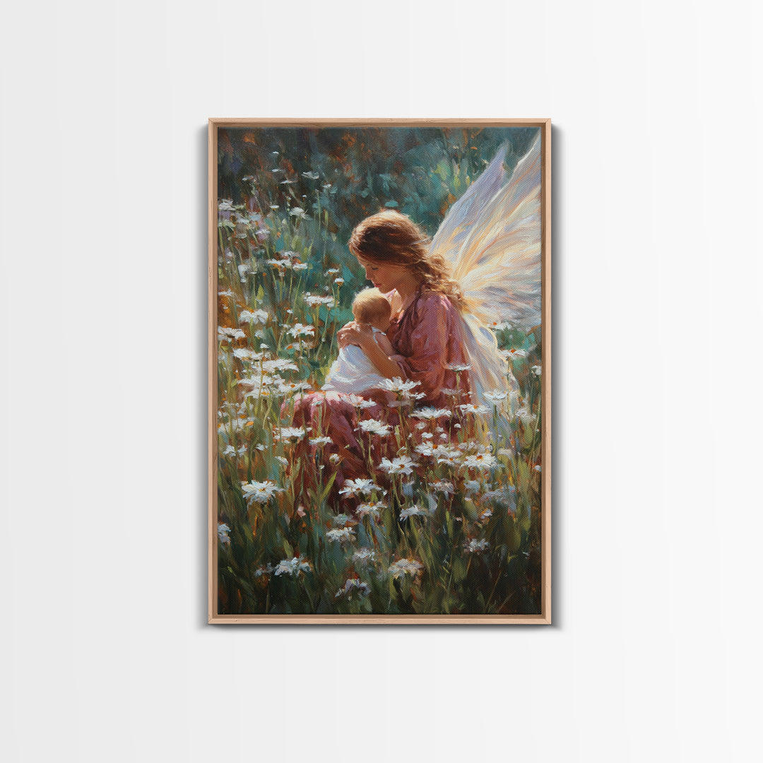 Fairy Mother And Baby In Daisy Garden Framed Canvas Print, Fantasy Wall Art, Nursery Decor, Whimsical Art Print, Gift For Her