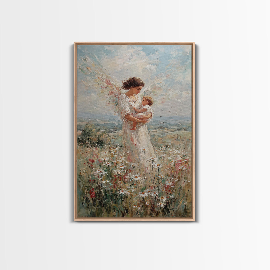 Angel Mother With Infant In Wildflower Meadow Canvas Print, Christian Wall Art, Nursery Decor, Spiritual Gift, Feminine Art