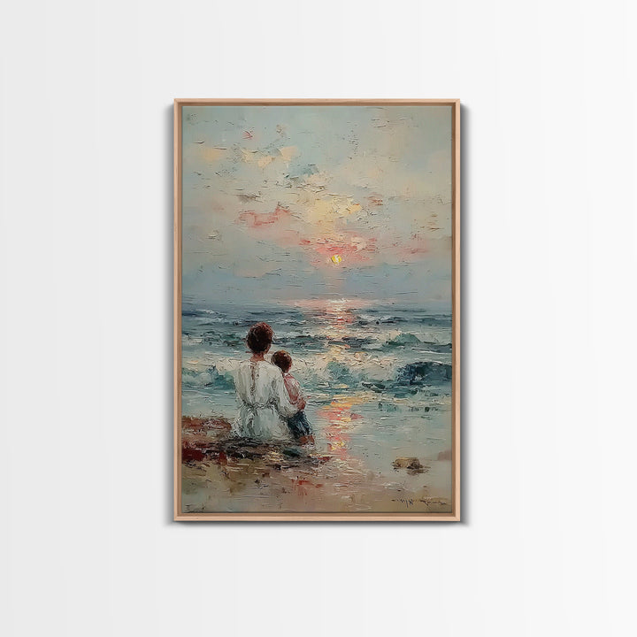 Mother And Child Watching Soft Ocean Sunrise Framed Canvas Print, Coastal Wall Art, Beach House Decor, Mothers Day Gift, Home Decor