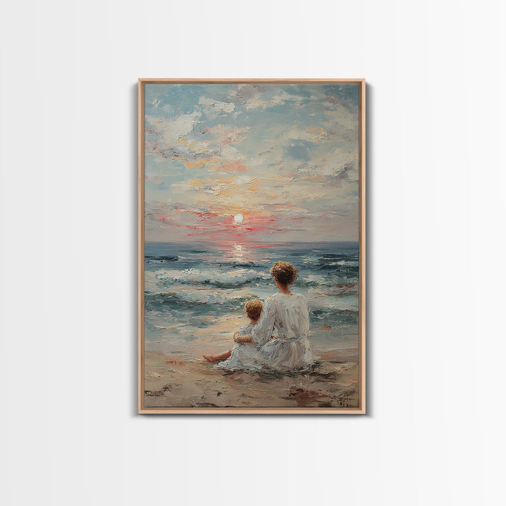 Mother And Child At Pale Seaside Sunrise Framed Canvas Print, Ocean Wall Art, Coastal Nursery Decor, Housewarming Gift, Home Decor