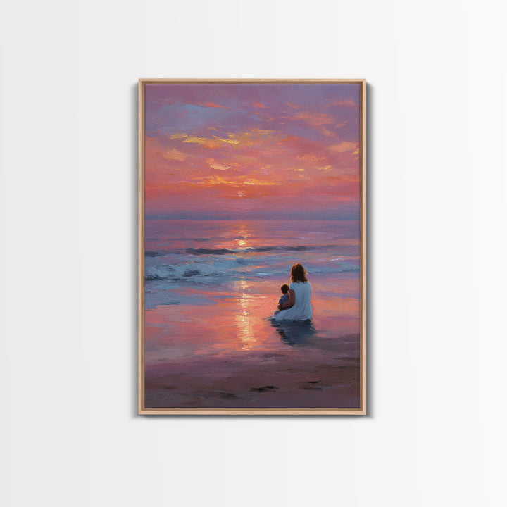 Mother And Baby In Pink Purple Ocean Sunset Canvas Print, Beach Wall Art, Coastal Bedroom Decor, Mothers Day Gift, Nursery Art