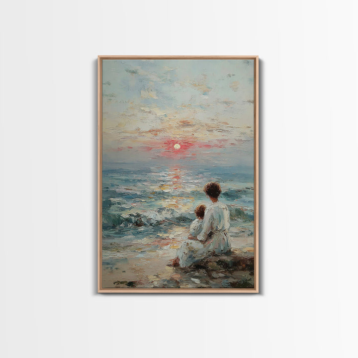 Mother And Child Watching Textured Sea Sunrise Framed Canvas Print, Coastal Wall Art, Beach House Decor, Living Room Art