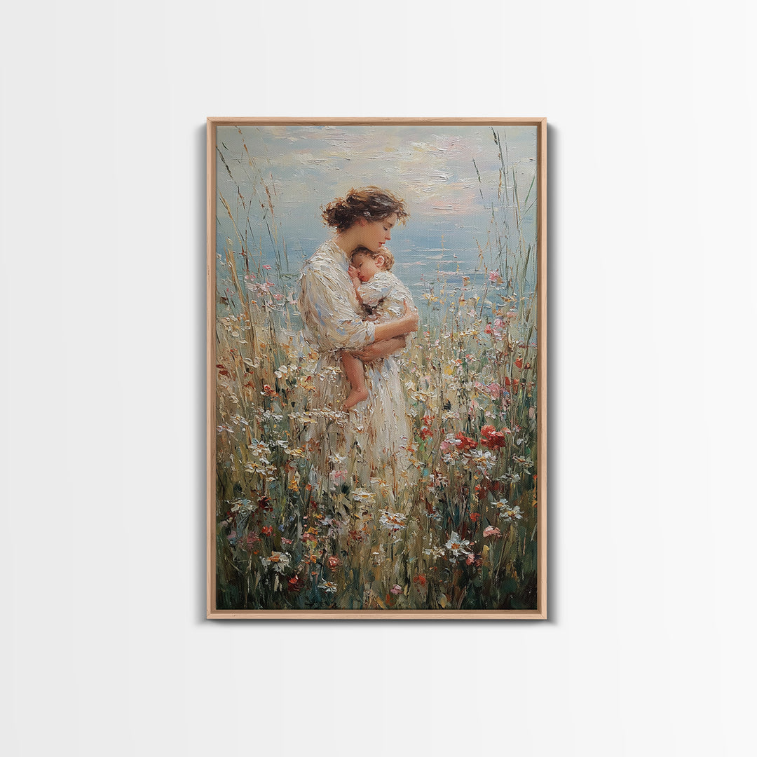 Tender Mother Holding Baby In Wildflower Meadow Wall Art, Impressionist Canvas Print For Nursery And Feminine Bedroom Decor