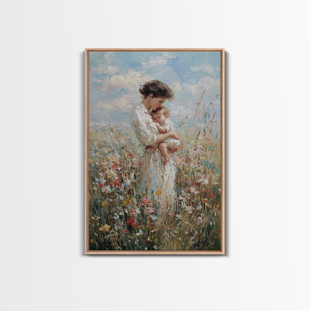 Mother And Baby In Blooming Meadow Framed Canvas Print, Soft Impressionist Wall Art For Nursery And Motherhood Home Decor
