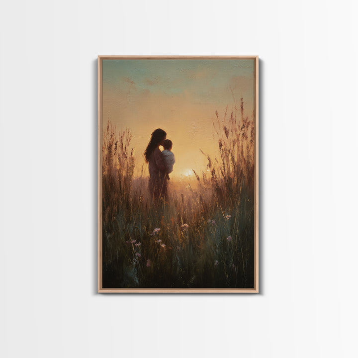 Golden Sunset Mother And Child Silhouette Canvas Print, Warm Meadow Wall Art For Nursery, Bedroom Decor, And Mothers Day Gift