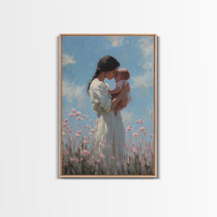 Mother And Baby Among Pink Wildflowers Wall Art, Soft Impressionist Canvas Print For Nursery Decor, Baby Shower Gift, Gift For Mom