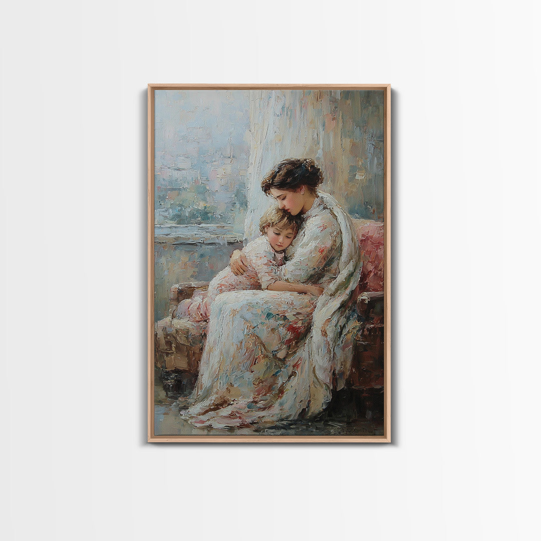 Mother And Child Resting On Floral Sofa Framed Canvas Print, Impressionist Wall Art For Living Room Decor And Gift For Mom