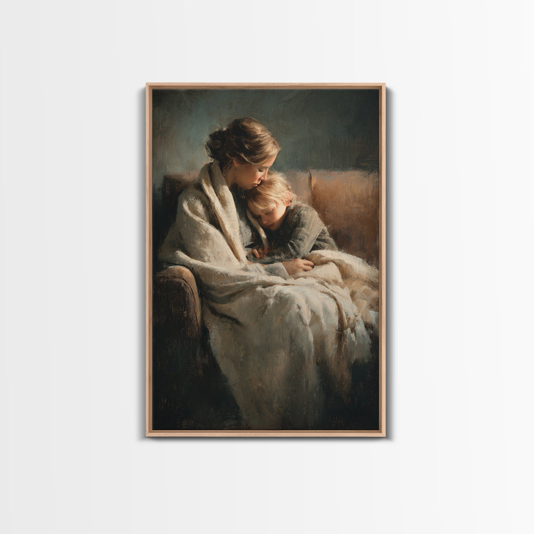 Moody Mother And Child Wrapped In Blanket Wall Art, Warm Impressionist Canvas Print For Bedroom Decor, Nursery, And Gift For Mom