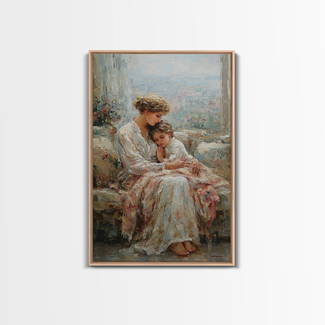 Mother And Child By Bright Window Wall Art, Textured Impressionist Canvas Print For Living Room Decor, Nursery, And Gift For Mom