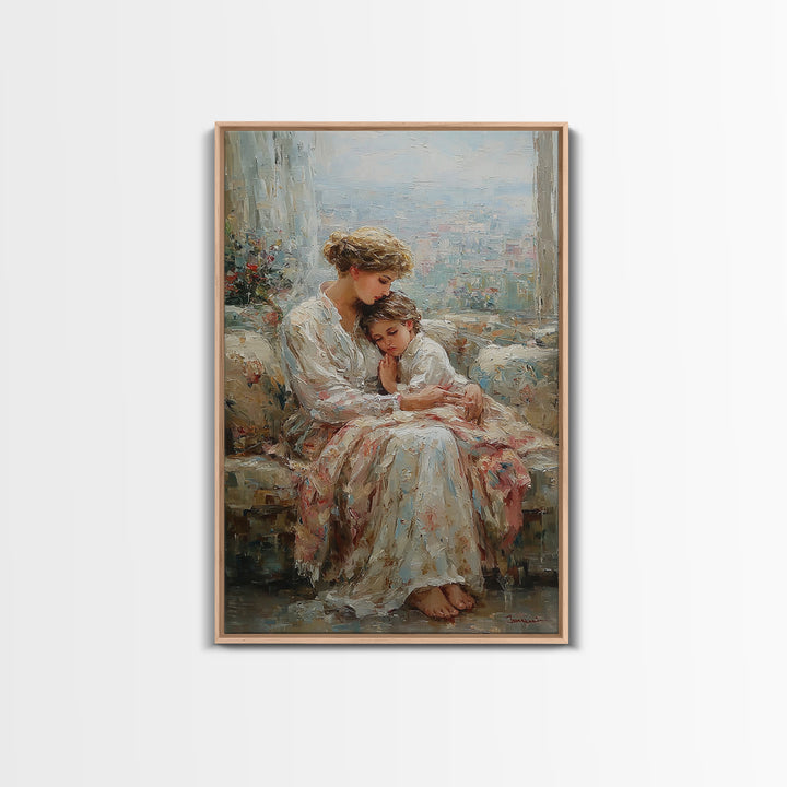 Mother And Child By Bright Window Wall Art, Textured Impressionist Canvas Print For Living Room Decor, Nursery, And Gift For Mom