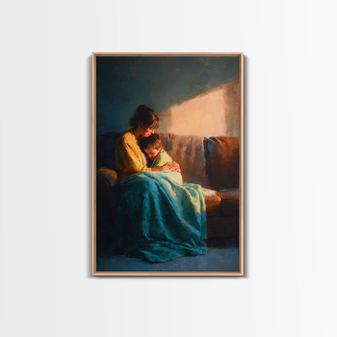 Mother And Child In Sunlit Embrace Wall Art, Impressionist Oil Painting Print, Cozy Nursery Decor, Gift For Mom, Living Room Decor