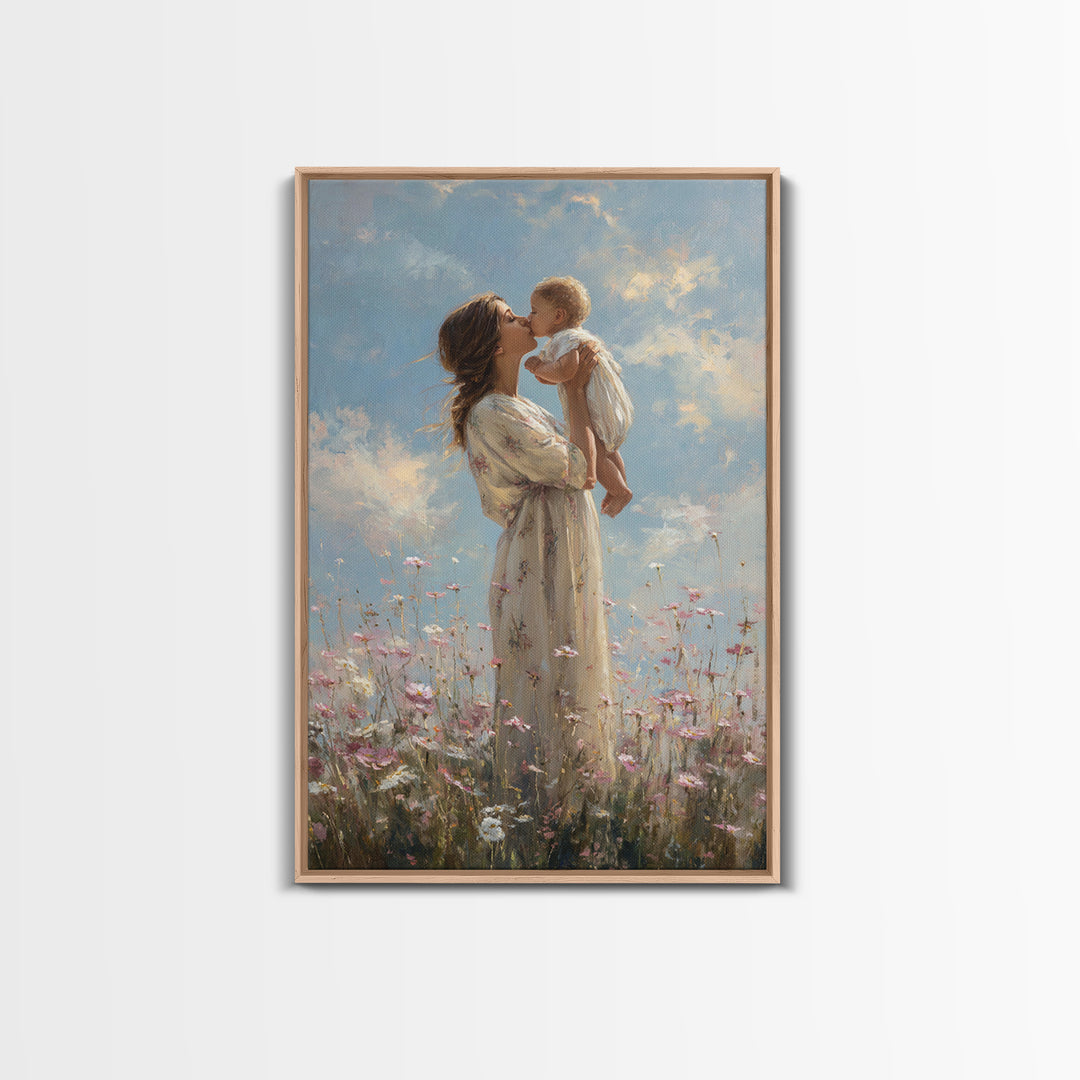Mother Kissing Baby In Wildflower Meadow Wall Art, Impressionist Oil Painting, Feminine Nursery Decor, Gift For Mom Print