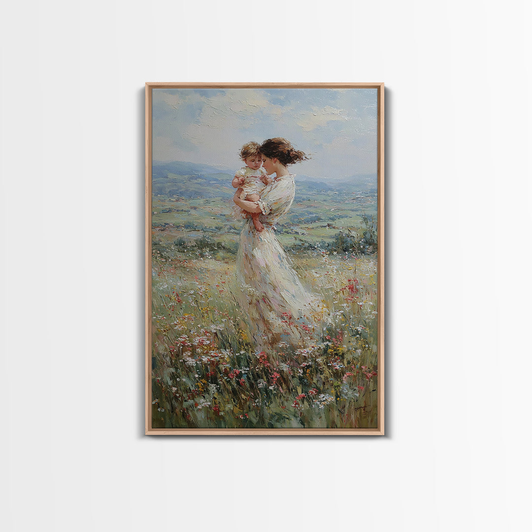 Mother Holding Baby In Windy Wildflower Valley Wall Art, Impressionist Landscape Painting, Feminine Nursery Decor, Gift For Mom