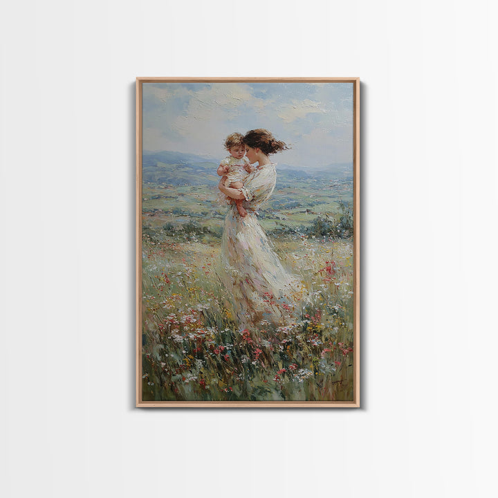 Mother Holding Baby In Windy Wildflower Valley Wall Art, Impressionist Landscape Painting, Feminine Nursery Decor, Gift For Mom