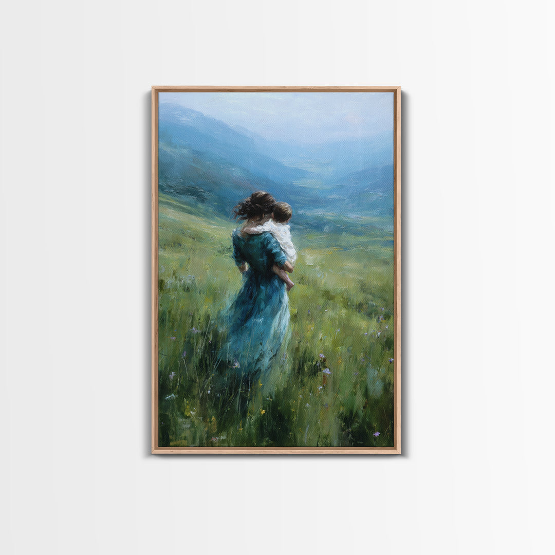Mother And Child Embracing In Blue Mountain Meadow Canvas Print, Calming Landscape Wall Art, Nature Decor, Gift For Mom Print
