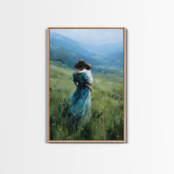Mother And Child Embracing In Blue Mountain Meadow Canvas Print, Calming Landscape Wall Art, Nature Decor, Gift For Mom Print