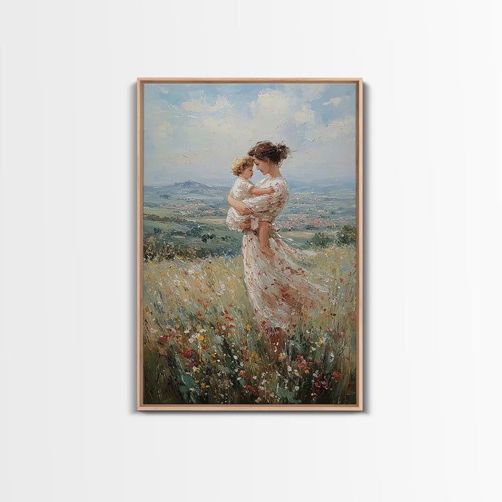 Mother And Toddler In Flower Meadow Wall Art, Impressionist Landscape Painting, Feminine Nursery Decor, Gift For Mom Art Print