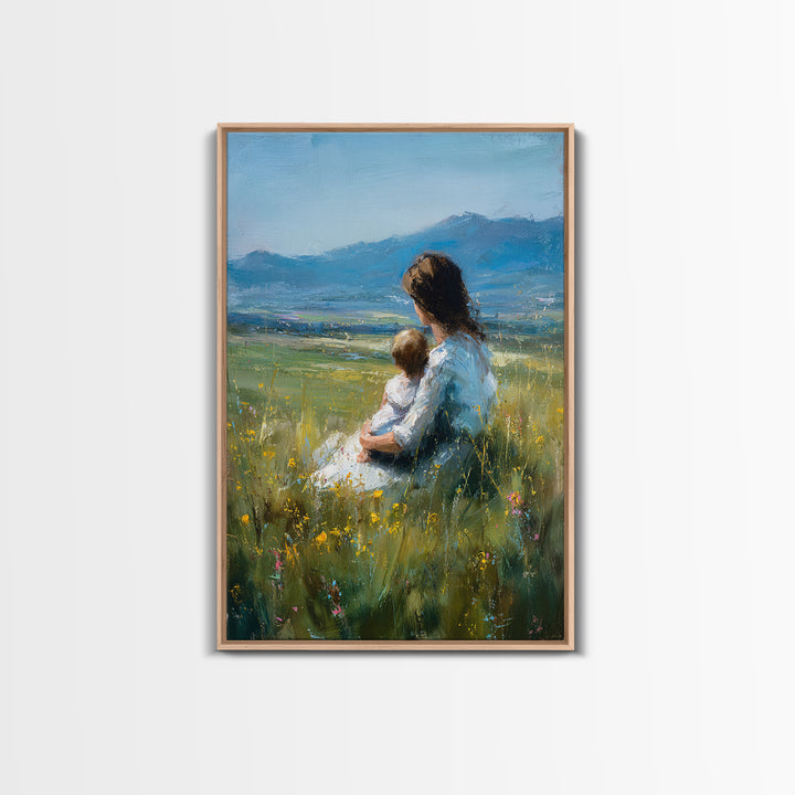 Mother And Child In Wildflower Meadow Canvas Print, Blue Mountain Landscape Wall Art, Nursery Decor, Mothers Day Gift, Home Decor