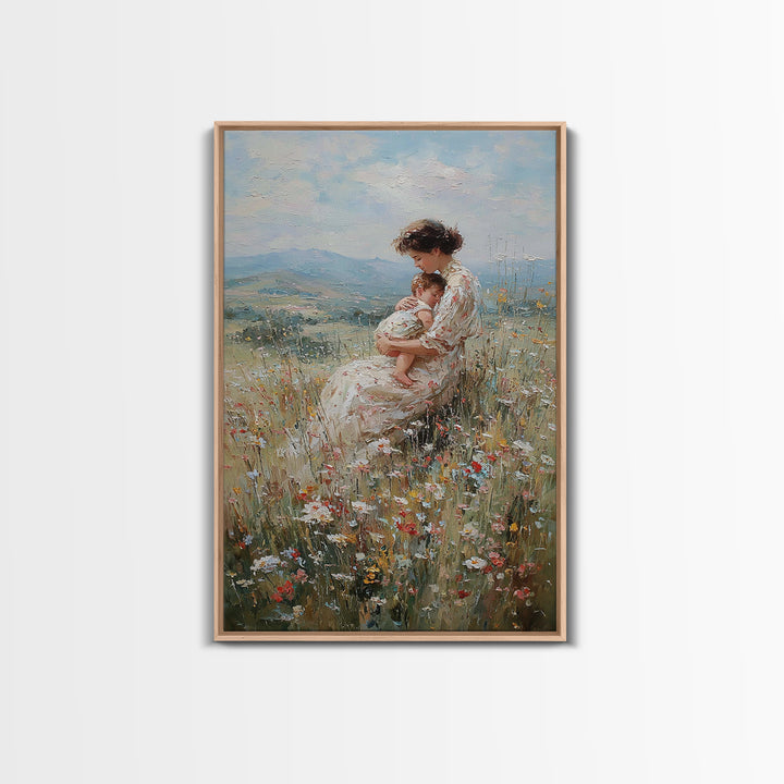 Nursing Mother And Baby In Floral Meadow Framed Canvas Print, Impressionist Landscape Wall Art, Nursery Decor, Gift For Her