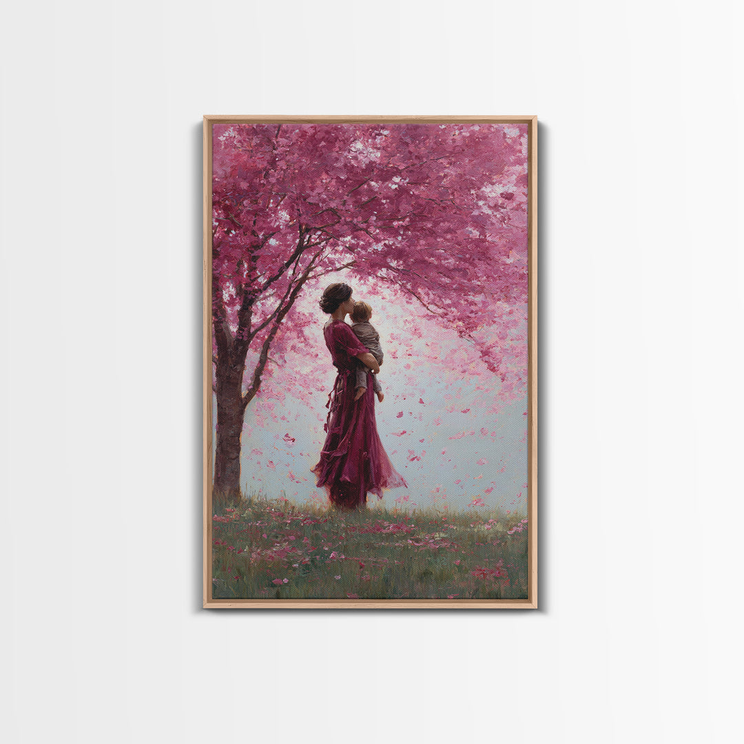 Mother And Toddler Under Pink Cherry Blossoms Wall Art, Romantic Floral Canvas Print, Feminine Decor, Mothers Day Gift, Nursery Decor