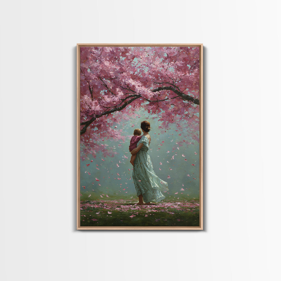 Mother And Child Beneath Cherry Blossom Canopy Canvas Print, Pink Floral Wall Art, Romantic Nursery Decor, Gift For Her, Home Decor