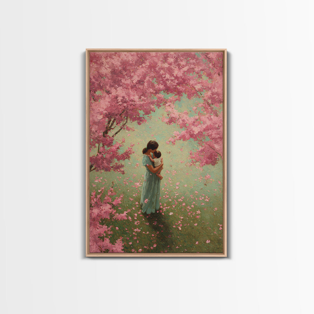 Mother Embracing Baby In Pink Blossom Garden Framed Canvas Print, Floral Wall Art, Feminine Nursery Decor, Mothers Day Gift