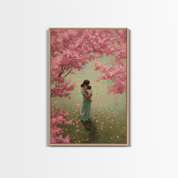 Mother Embracing Baby In Pink Blossom Garden Framed Canvas Print, Floral Wall Art, Feminine Nursery Decor, Mothers Day Gift
