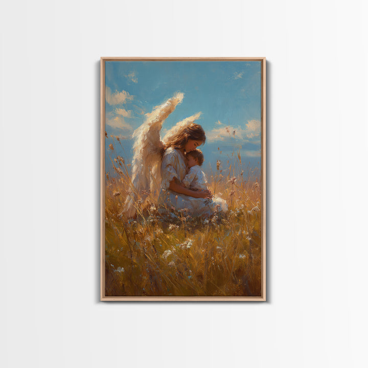Guardian Angel Mother Holding Baby In Golden Wheat Field Canvas Print, Christian Wall Art, Nursery Decor, Mothers Day Gift