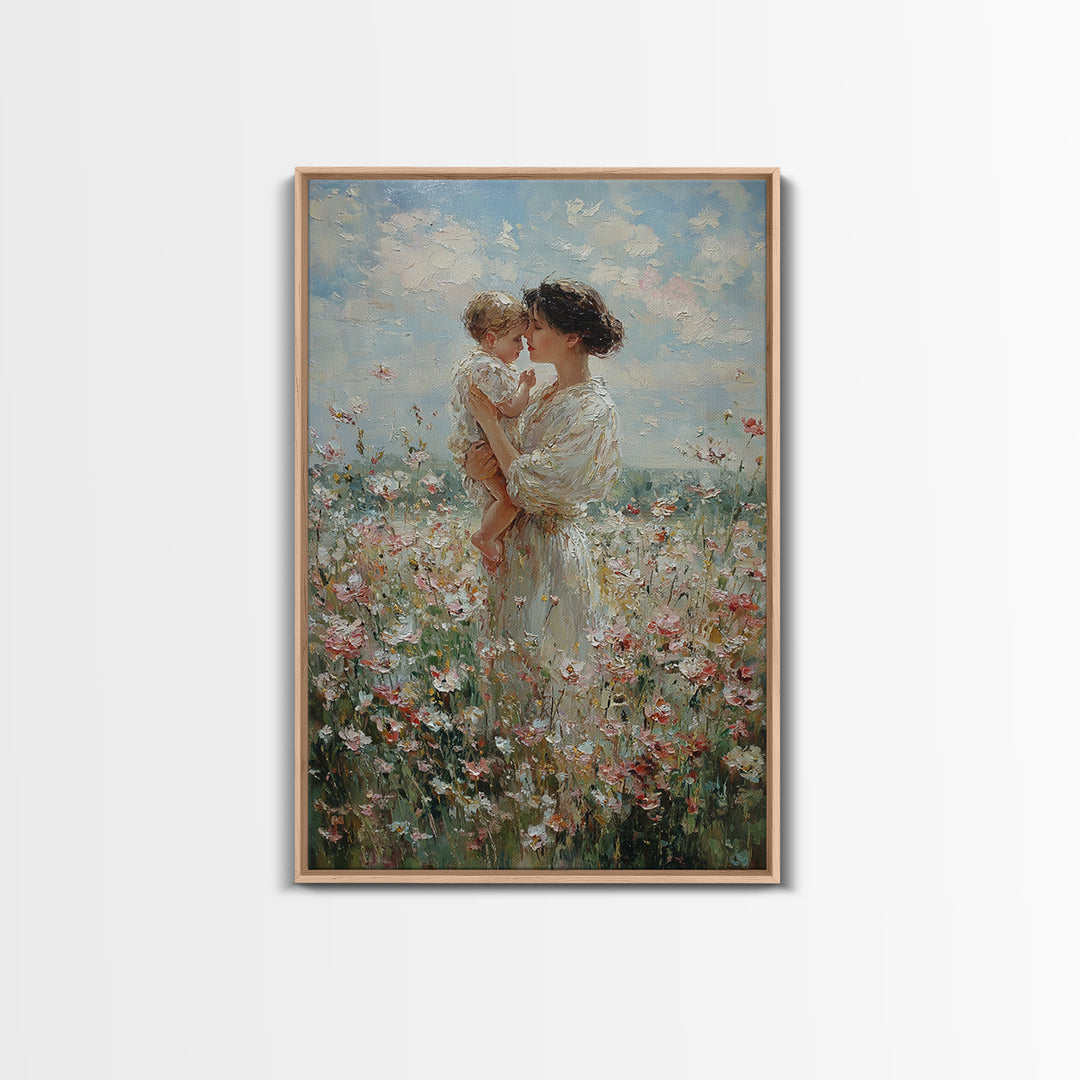Mother And Baby Among White Wildflowers Framed Canvas Print, Impressionist Floral Wall Art, Nursery Decor, Gift For Her, Mothers Day Gift