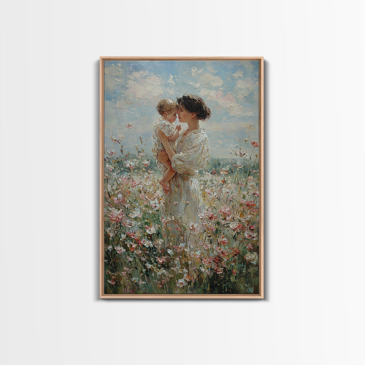 Mother And Baby Among White Wildflowers Framed Canvas Print, Impressionist Floral Wall Art, Nursery Decor, Gift For Her, Mothers Day Gift