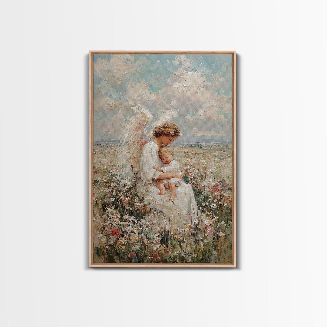 Angel Mother Holding Sleeping Child In Wildflower Meadow Framed Canvas Print, Christian Wall Art, Nursery Decor, Gift For Her