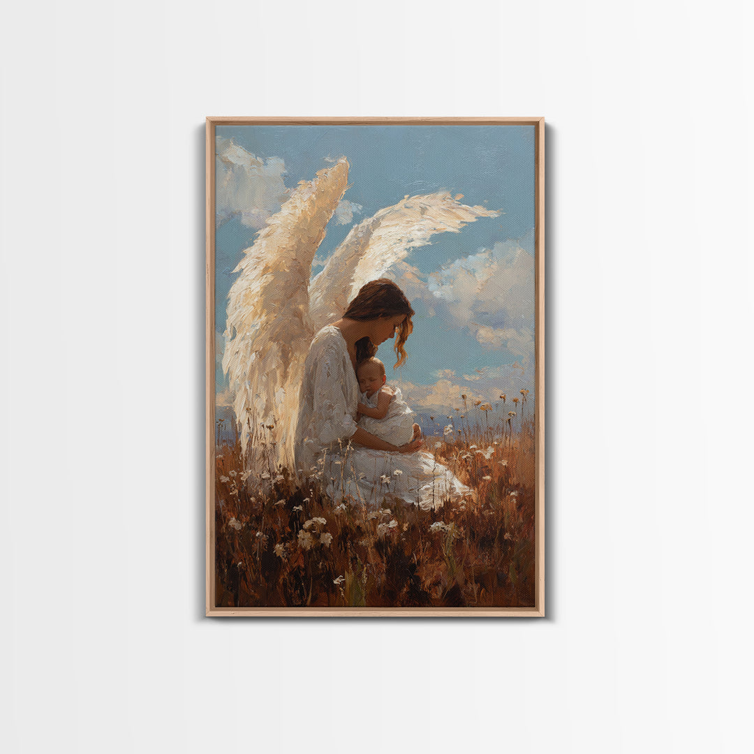 Guardian Angel Mother Cradling Baby In Golden Meadow Canvas Print, Christian Wall Art, Nursery Decor, Mothers Day Gift, Home Decor