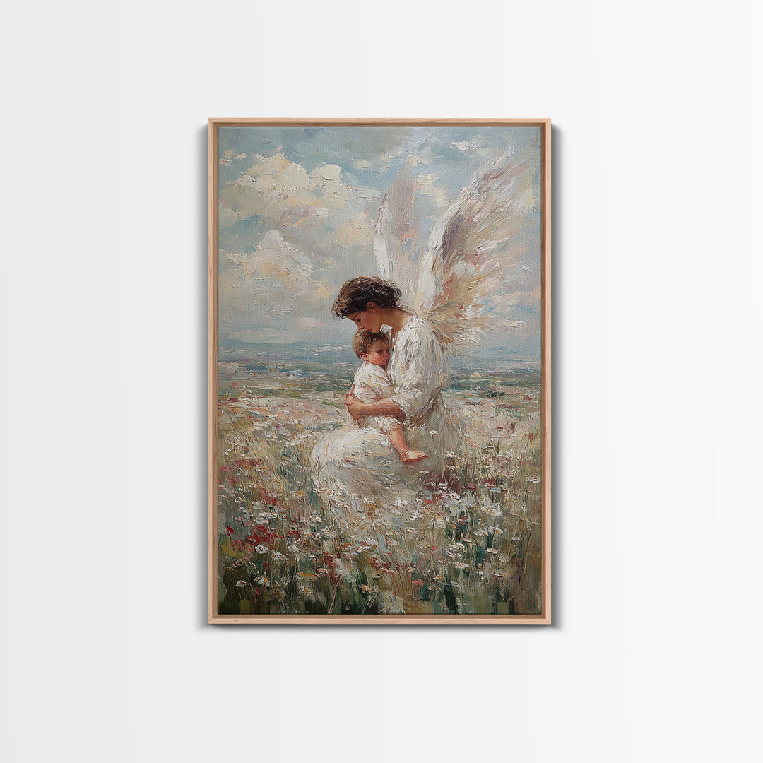 White Winged Angel And Child Framed Canvas Print, Christian Nursery Art, Guardian Angel Wall Decor, Religious Gift For Baby