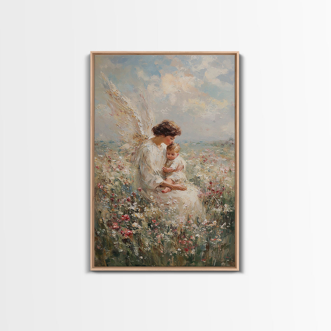 Motherly Angel With Baby In Wildflowers Wall Art, Christian Nursery Decor, Guardian Angel Print, Baptism Gift For Mom And Baby