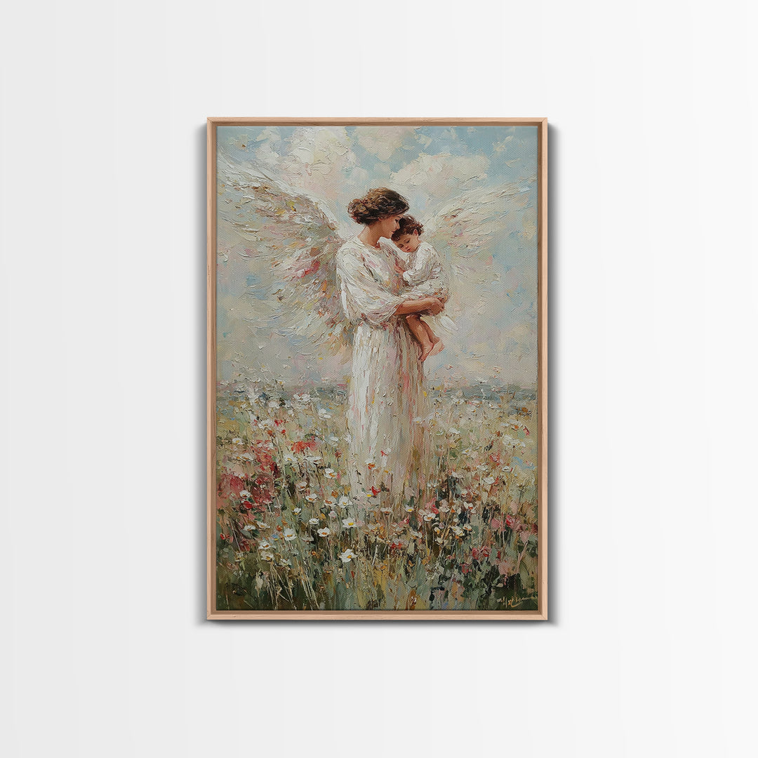 Standing Guardian Angel Holding Baby Canvas Print, Christian Wall Art, Nursery Decor, Spiritual Gift, Floral Meadow Art Print
