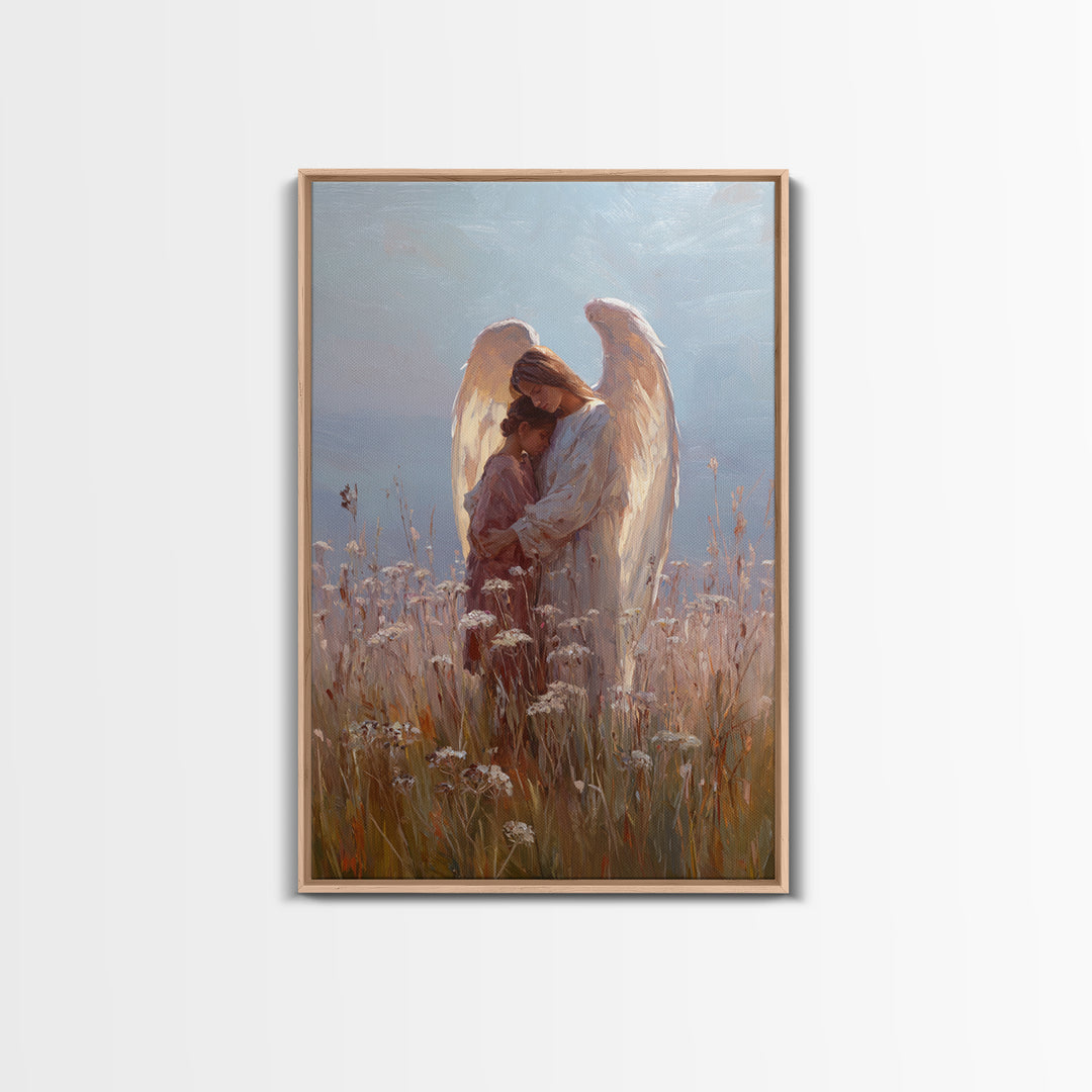 Sunlit Angel Embracing Child Wall Art, Christian Nursery Decor, Guardian Angel Canvas, Spiritual Home Decor, Gift For Her