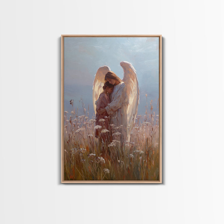 Sunlit Angel Embracing Child Wall Art, Christian Nursery Decor, Guardian Angel Canvas, Spiritual Home Decor, Gift For Her