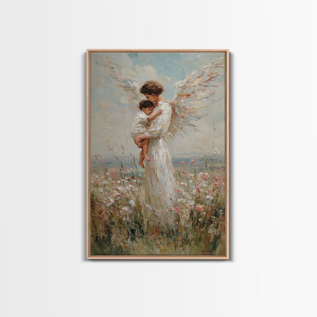 Tender Angel Carrying Child Framed Canvas Print, Christian Wall Art, Nursery Room Decor, Guardian Angel Gift For Baby Girl