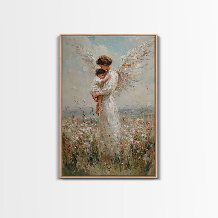 Tender Angel Carrying Child Framed Canvas Print, Christian Wall Art, Nursery Room Decor, Guardian Angel Gift For Baby Girl