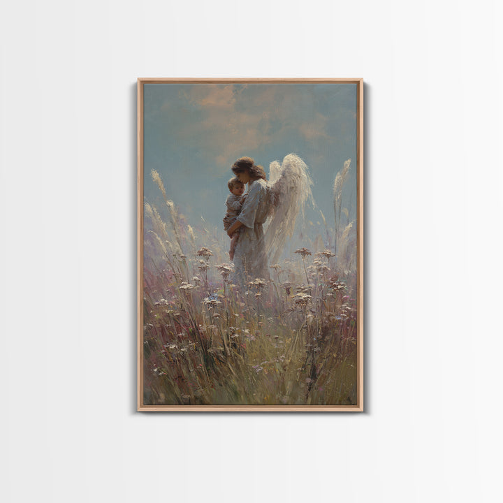 Soft Meadow Angel Holding Baby Canvas Print, Christian Wall Art, Nursery Decor, Guardian Angel Gift, Calming Wall Decor Print