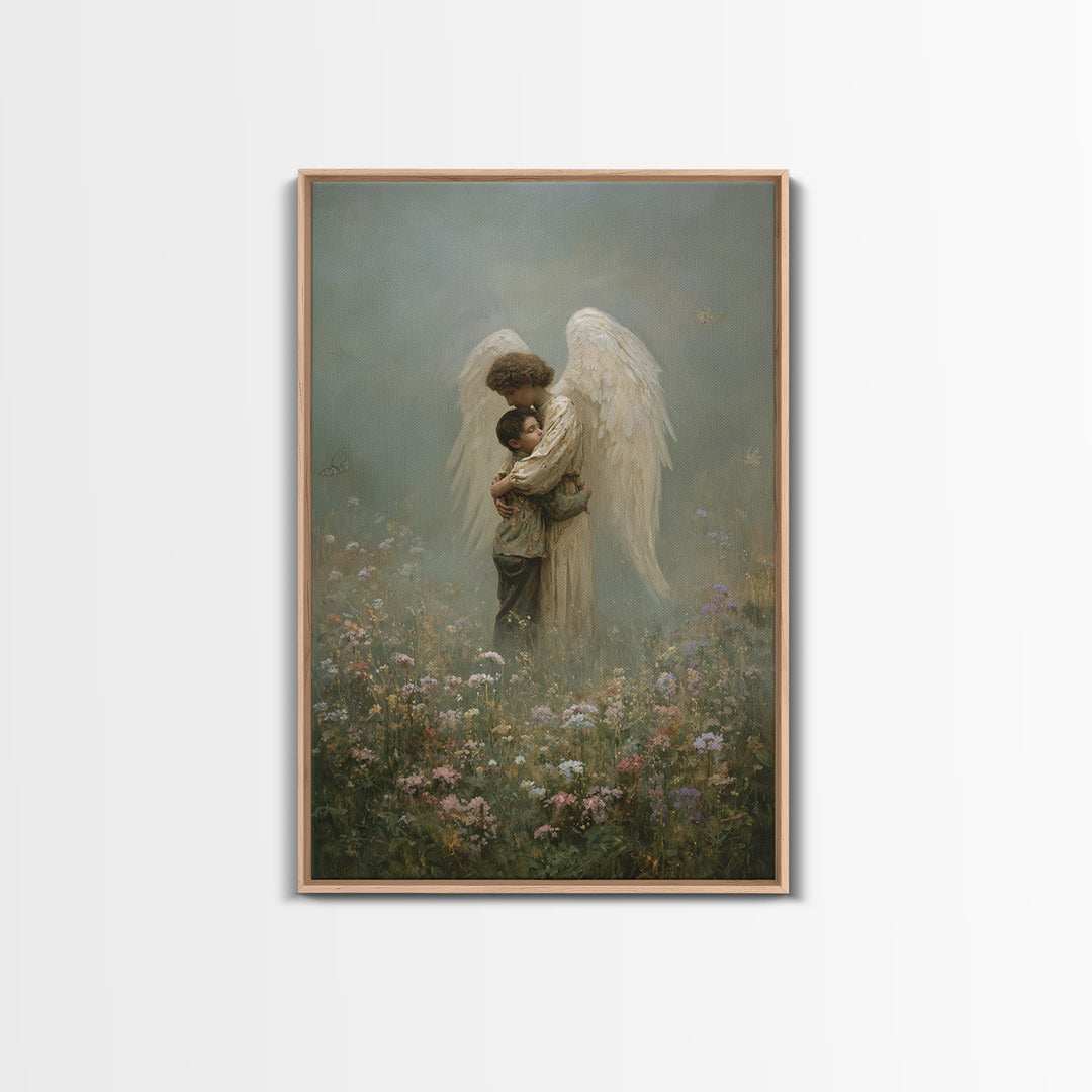 Misty Guardian Angel Hugging Child Framed Canvas Print, Christian Wall Art, Spiritual Nursery Decor, Butterfly Meadow Art