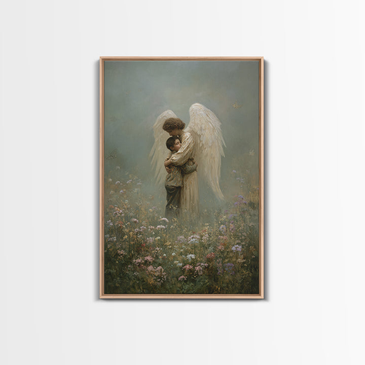 Misty Guardian Angel Hugging Child Framed Canvas Print, Christian Wall Art, Spiritual Nursery Decor, Butterfly Meadow Art
