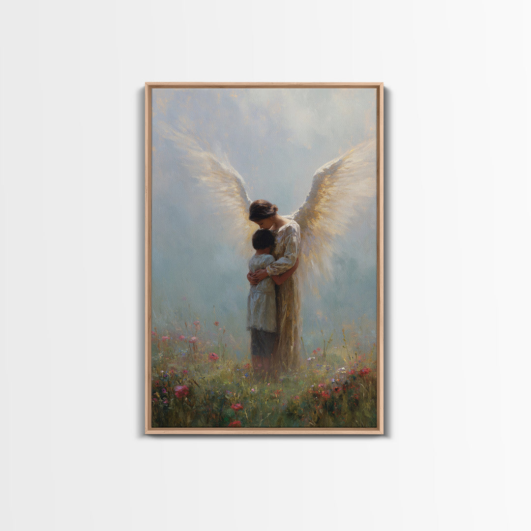 Guardian Angel Embracing Child In Wildflower Meadow Wall Art, Christian Nursery Decor, Spiritual Canvas Print Gift For Her