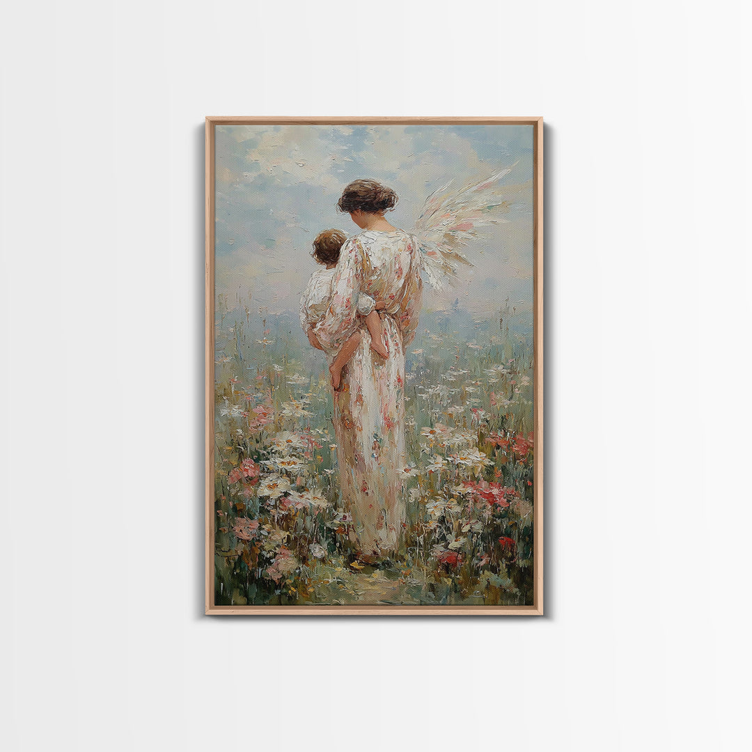 Angel Mother Holding Child In Blooming Meadow Framed Canvas Print, Christian Wall Art, Nursery Decor, Housewarming Gift