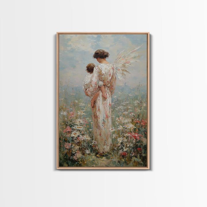 Angel Mother Holding Child In Blooming Meadow Framed Canvas Print, Christian Wall Art, Nursery Decor, Housewarming Gift