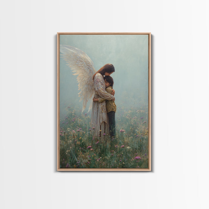 Guardian Angel Hugging Child In Misty Meadow Wall Art, Spiritual Christian Decor, Nursery Canvas Print, Housewarming Gift