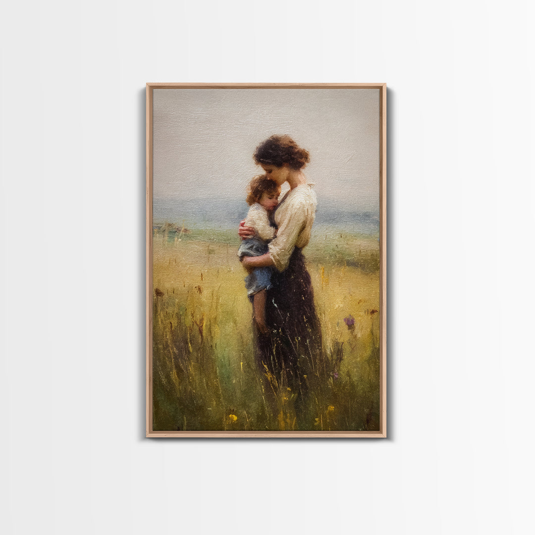 Tender Mother Holding Child In Golden Meadow Canvas Print, Soft Impressionist Oil Painting, Neutral Nursery Wall Art Gift