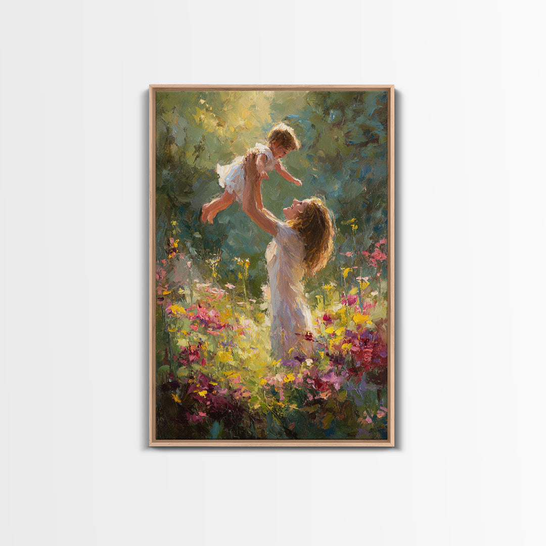 Sunlit Mother And Baby In Flower Garden Canvas Print, Impressionist Oil Painting, Colorful Nursery Wall Art Gift For Mom